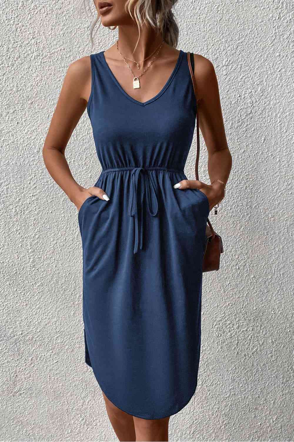 V-Neck Curved Hem Sleeveless Dress - TRENDMELO