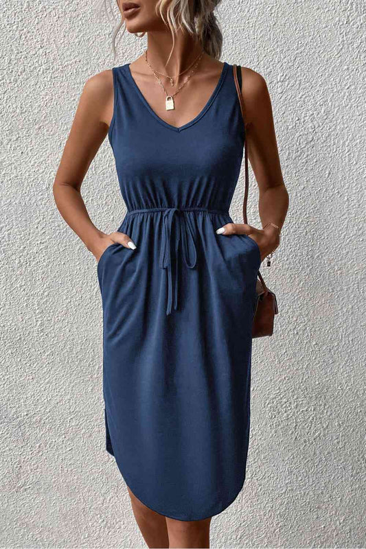 V-Neck Curved Hem Sleeveless Dress - TRENDMELO