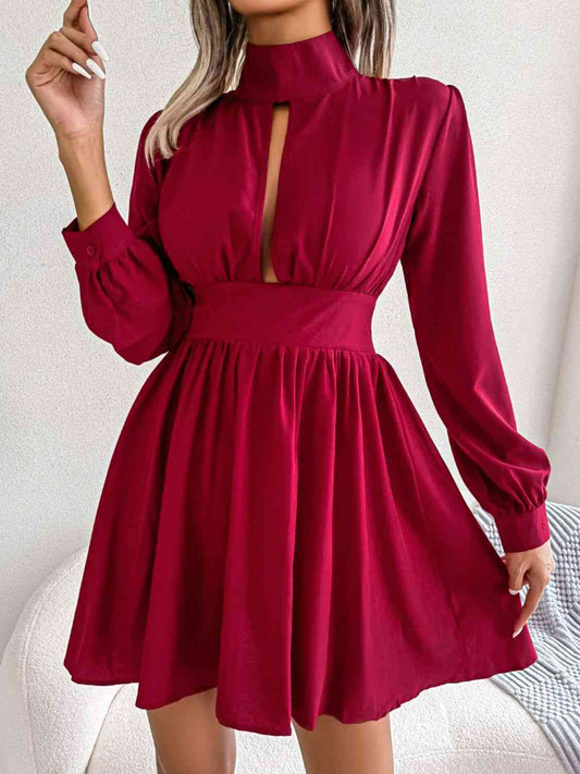 Cutout Turtleneck A-Line Mini Dress - TRENDMELO