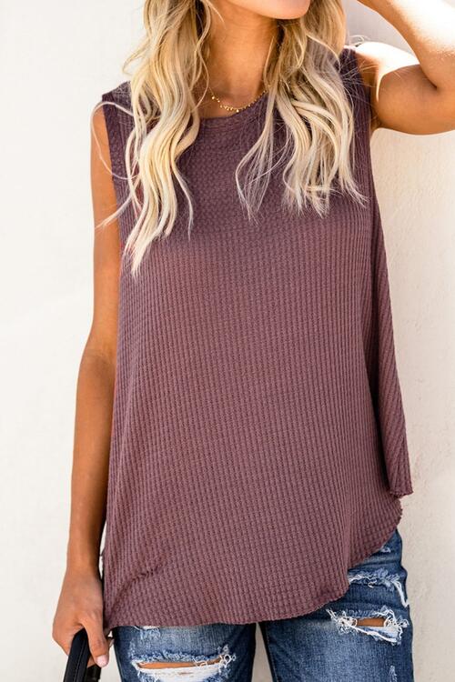 Waffle Knit Round Neck Tank - TRENDMELO