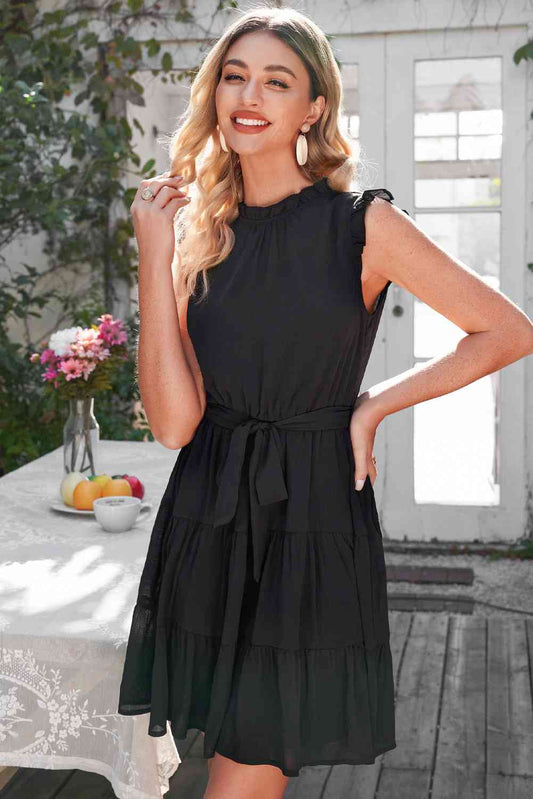 Ruffle Collar Tie Belt Tiered Dress - TRENDMELO