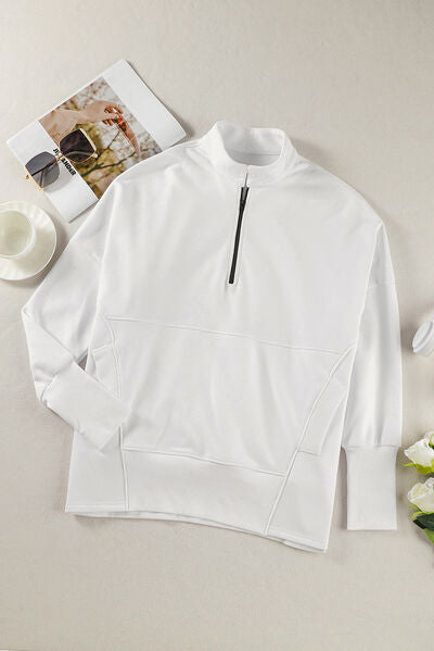 Half Zip Pocketed Dropped Shoulder Sweatshirt - TRENDMELO