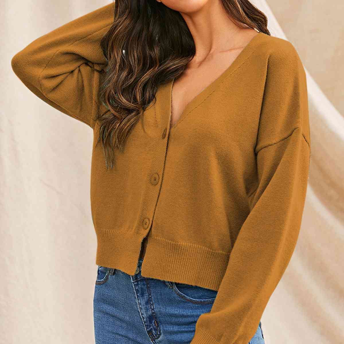 V-Neck Button Up Long Sleeve Cardigan - TRENDMELO