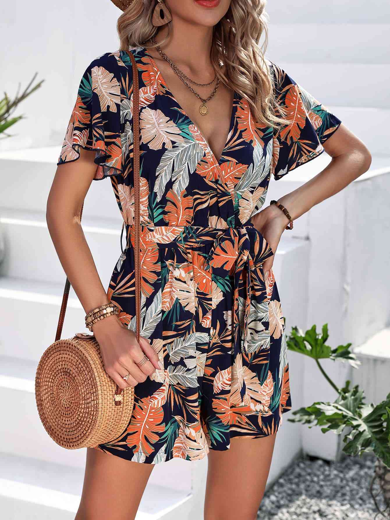 Botanical Print Surplice Neck Tie Waist Romper - TRENDMELO