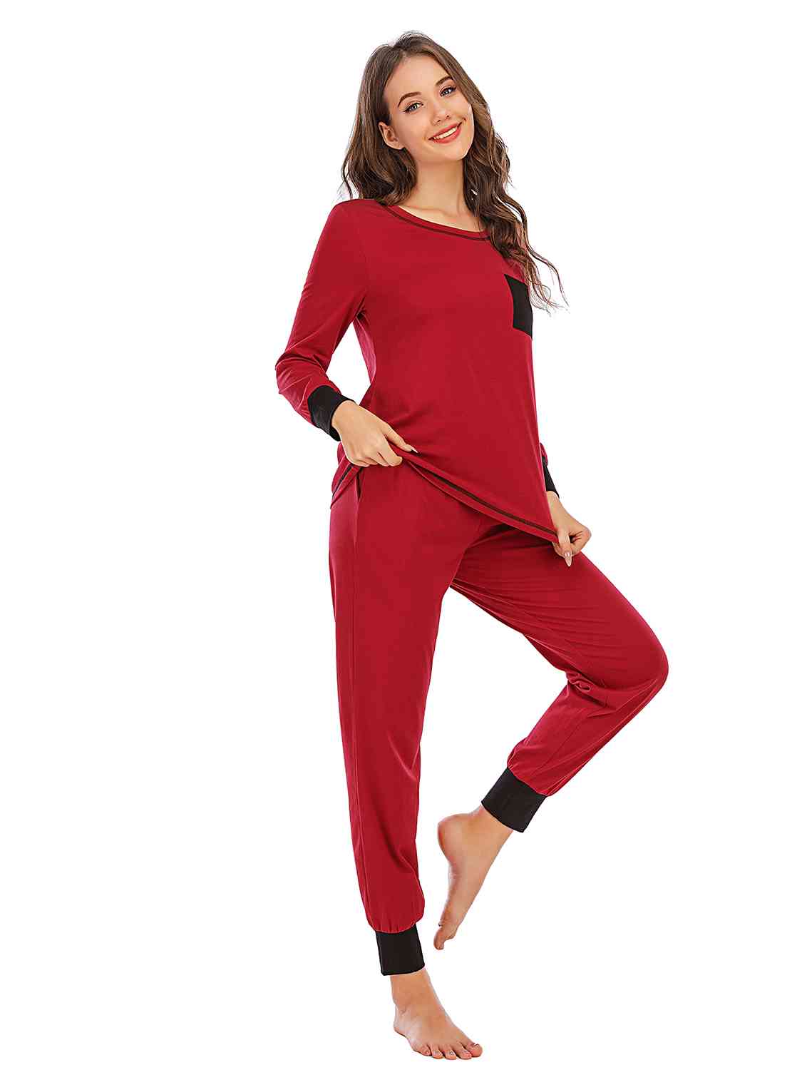 Round Neck Top and Pants Lounge Set - TRENDMELO