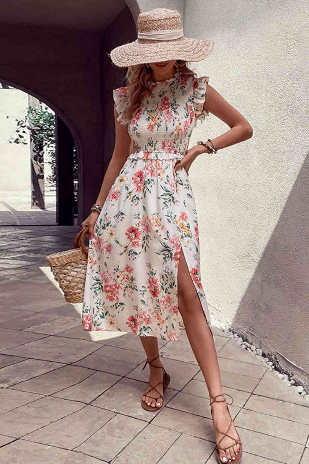 Floral Smocked Butterfly Sleeve Slit Dress - TRENDMELO