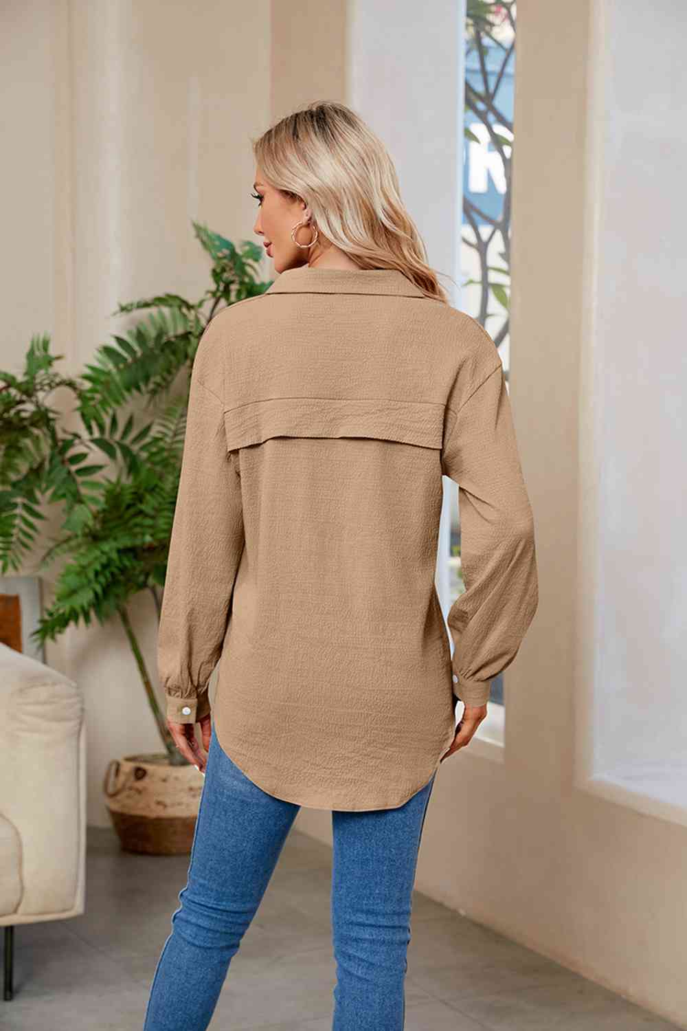 Collared Neck Buttoned Long Sleeve Shirt - TRENDMELO