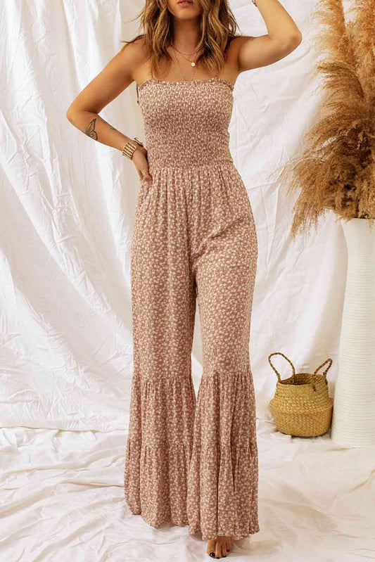 Floral Spaghetti Strap Smocked Wide Leg Jumpsuit - TRENDMELO