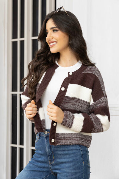 Striped Button Up Long Sleeve Cardigan - TRENDMELO