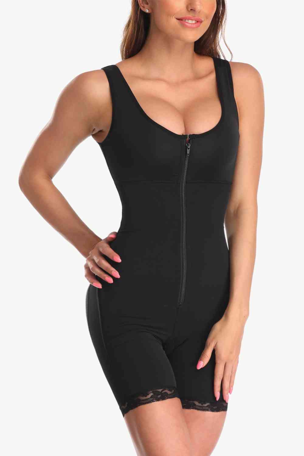 Full Size Zip-Up Lace Detail Shapewear - TRENDMELO