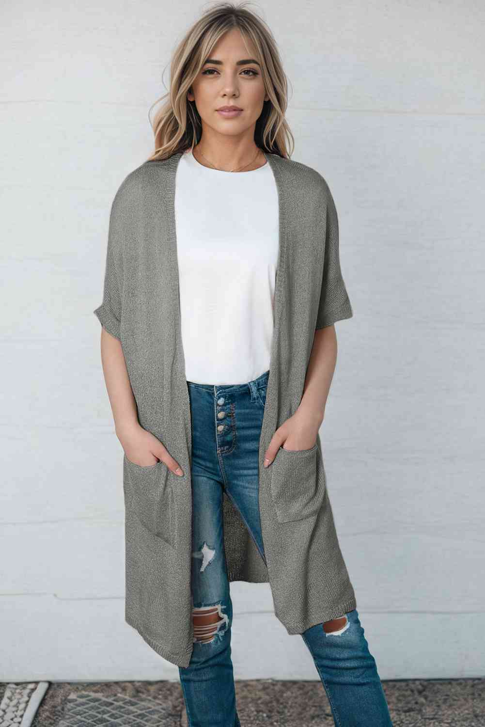 Open Front Sweater Cardigan with Pockets - TRENDMELO