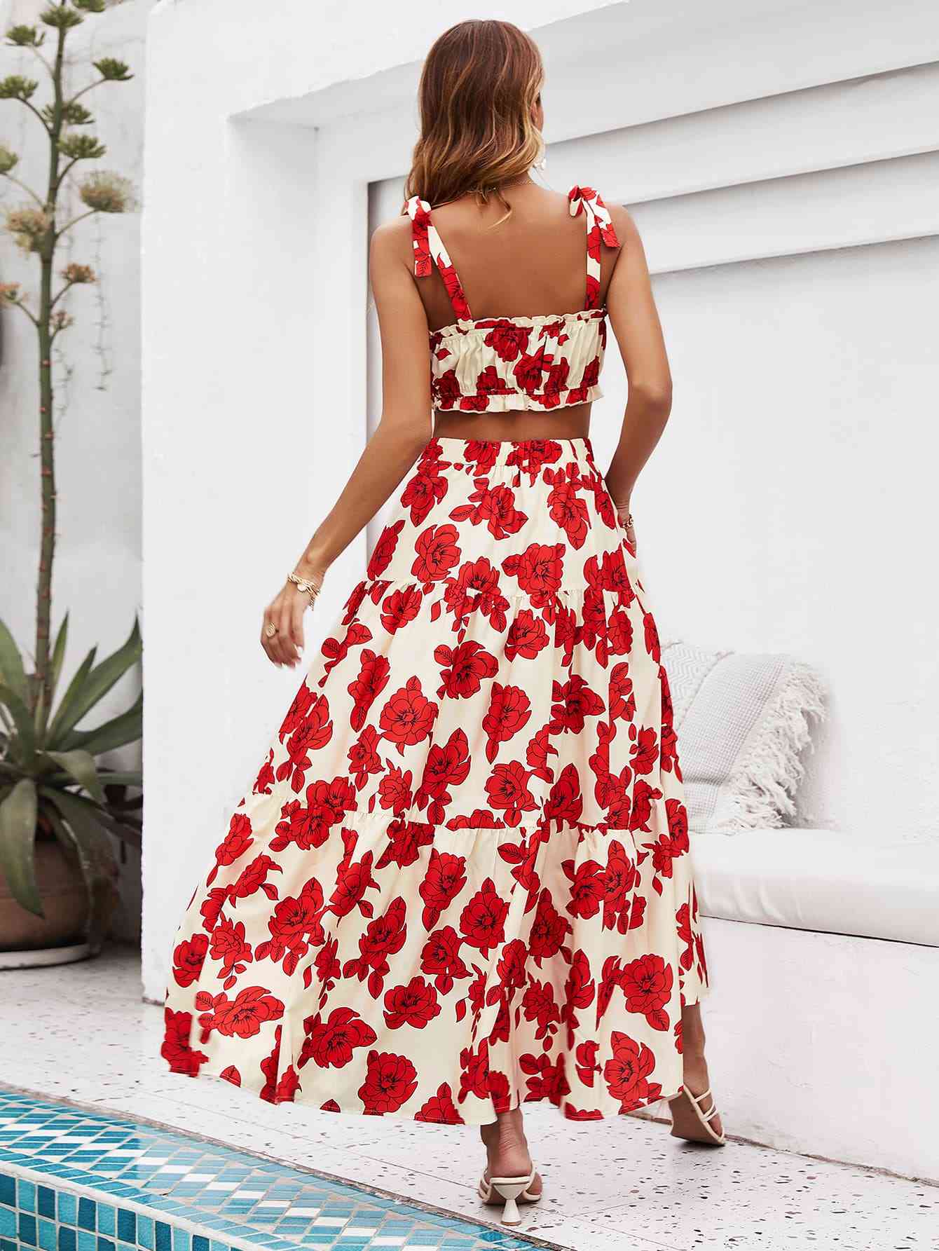 Floral Tie Shoulder Top and Tiered Maxi Skirt Set - TRENDMELO