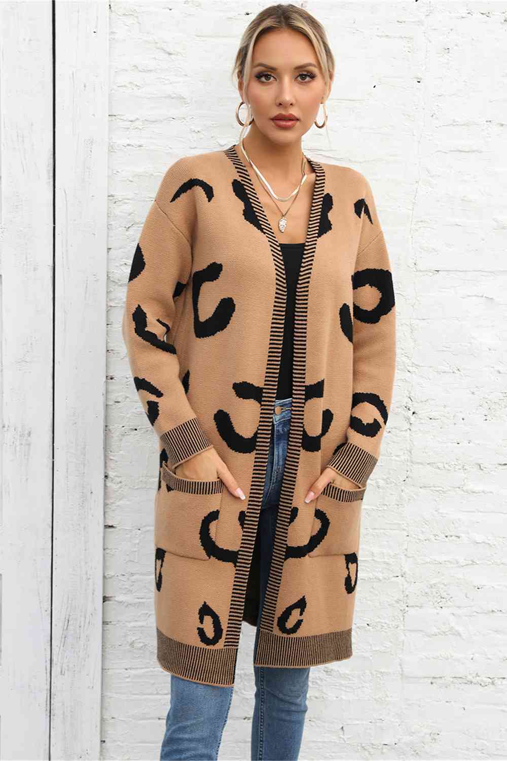 Printed Long Sleeve Cardigan with Pockets - TRENDMELO