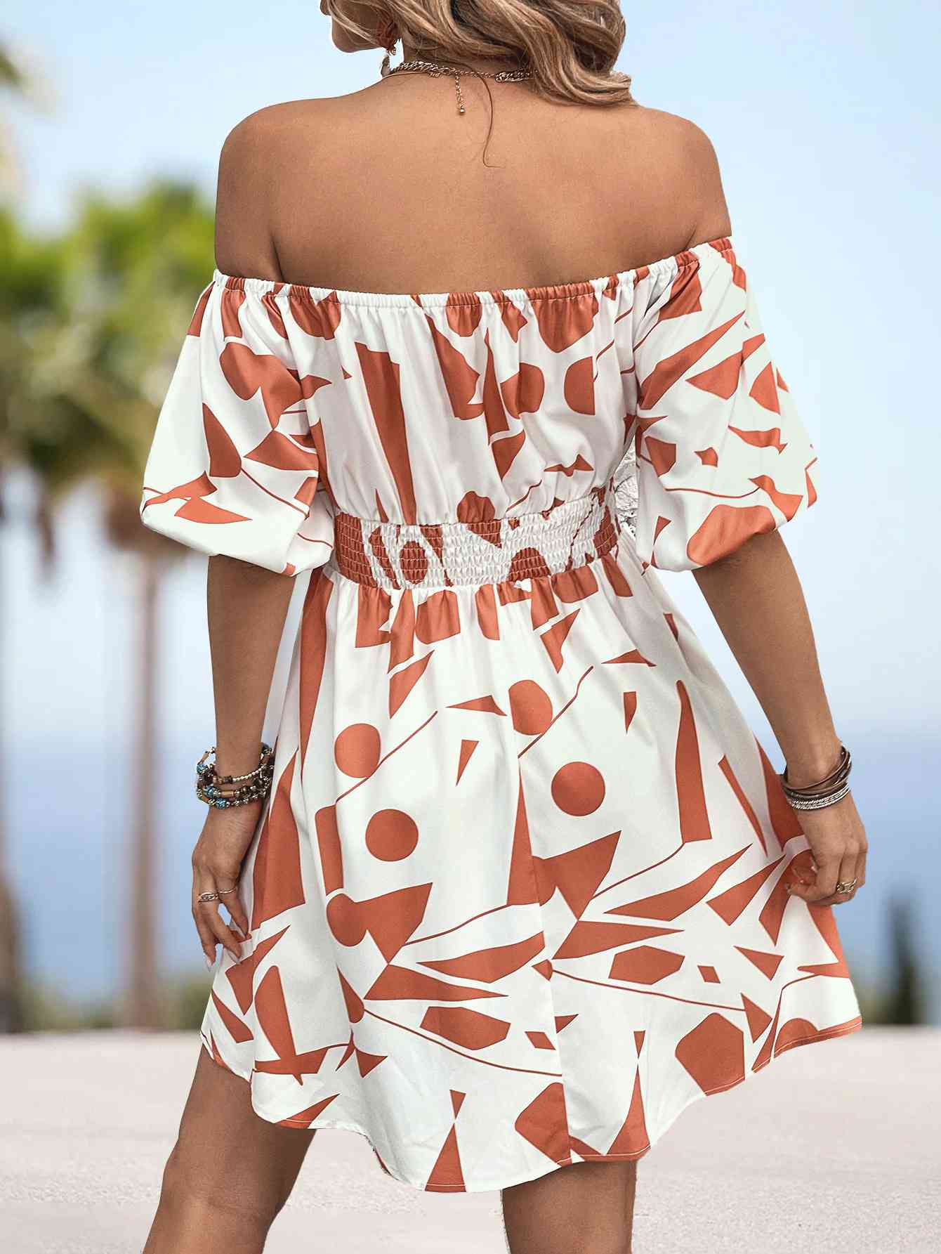 Printed Off-Shoulder Smocked Waist Dress - TRENDMELO