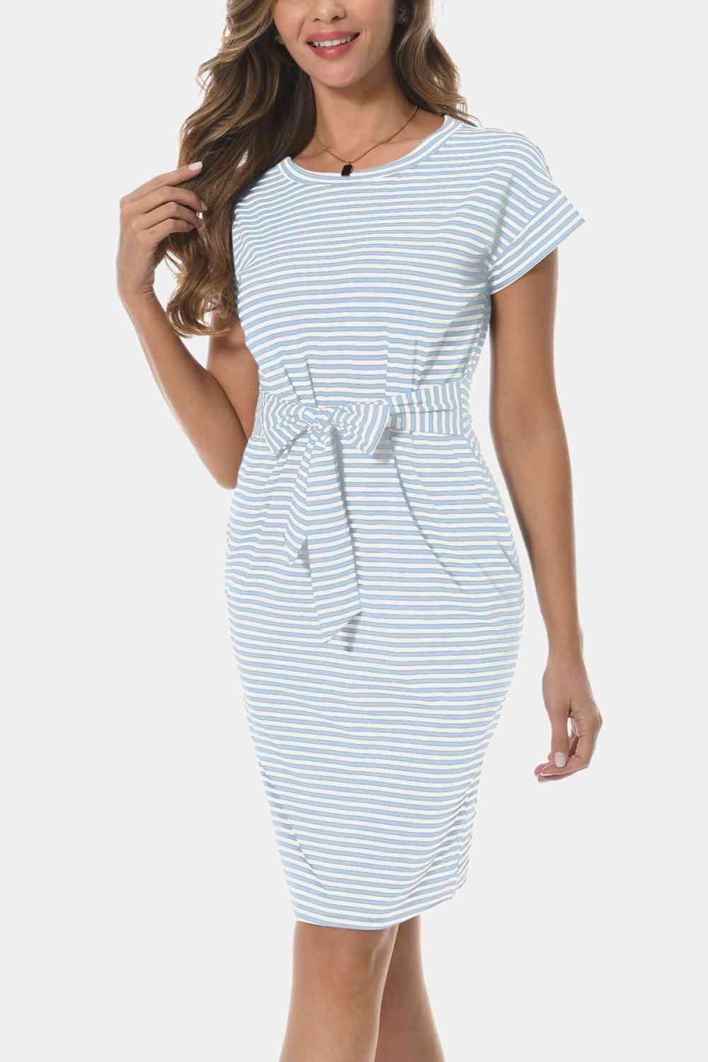 Tie Front Round Neck Short Sleeve Dress - TRENDMELO