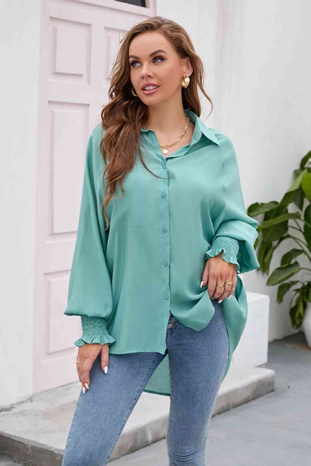 High-Low Collared Neck Lantern Sleeve Shirt - TRENDMELO