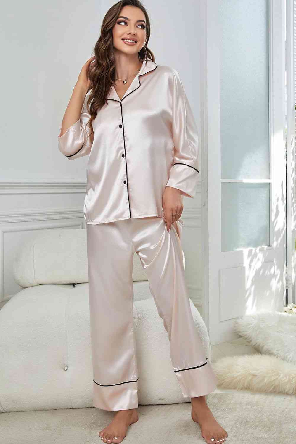 Contrast Piping Button-Up Top and Pants Pajama Set - TRENDMELO