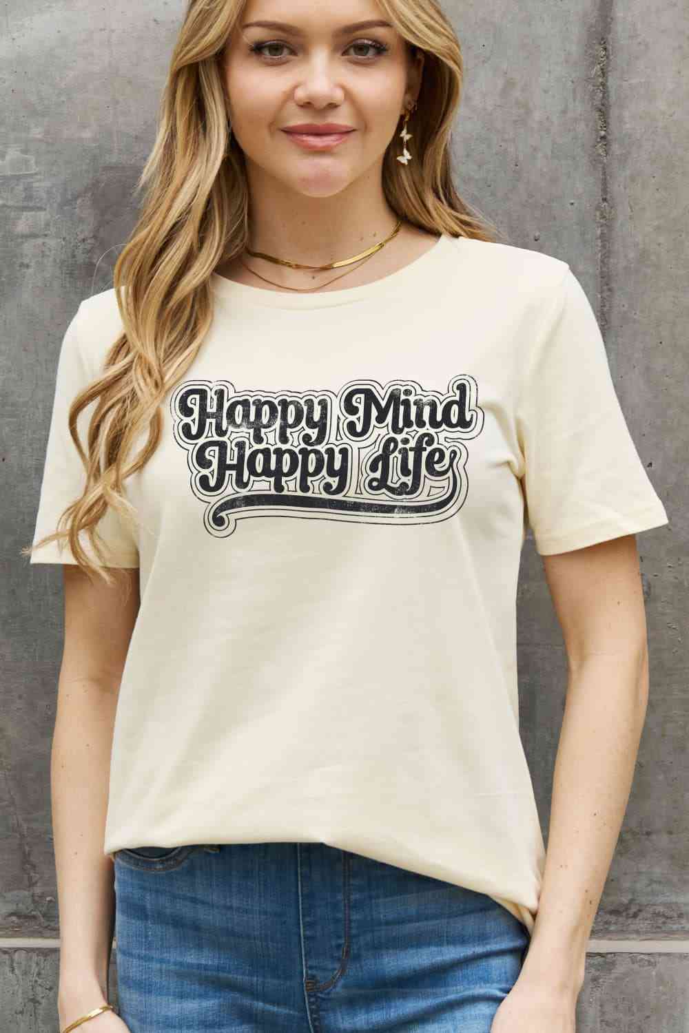 Simply Love Full Size HAPPY MIND HAPPY LIFE Graphic Cotton Tee - TRENDMELO