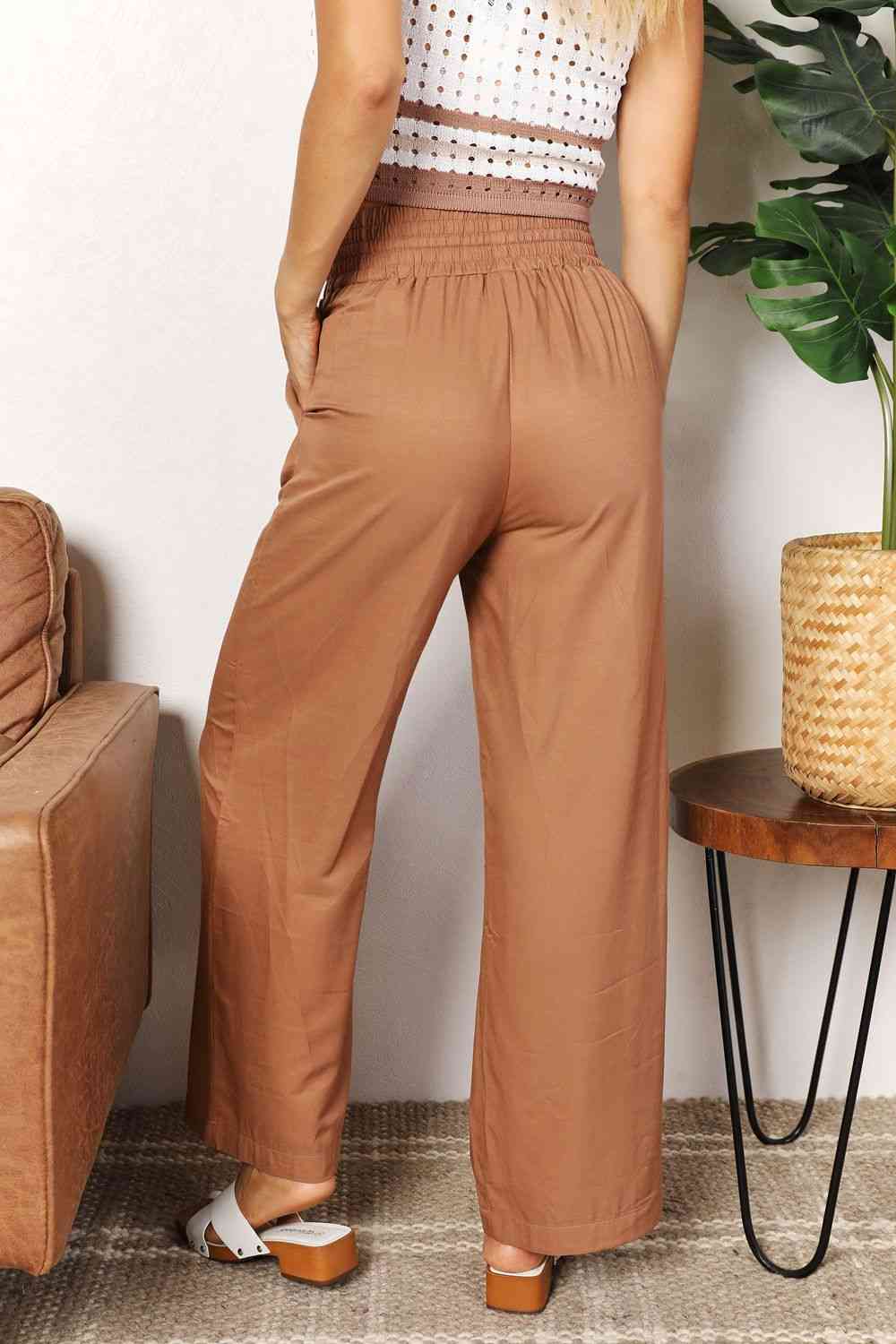 Double Take Drawstring Smocked Waist Wide Leg Pants - TRENDMELO