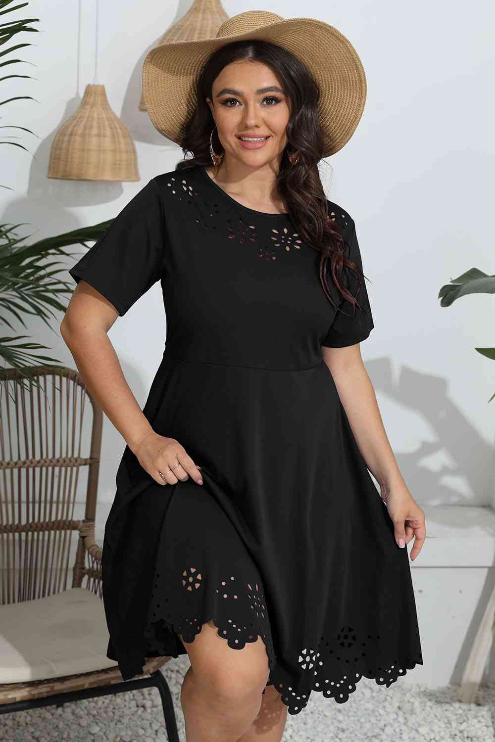 Plus Size Round Neck Openwork Dress - TRENDMELO