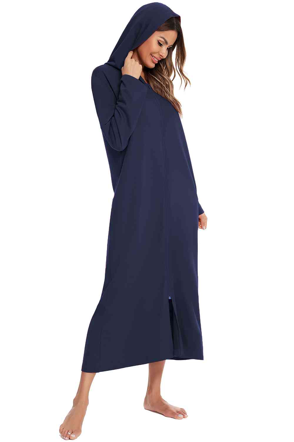 Zip Front Hooded Night Dress with Pockets - TRENDMELO