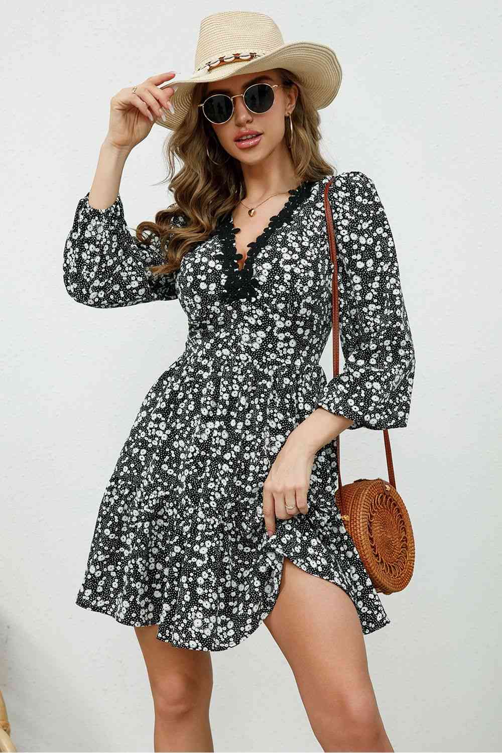 Printed Plunge Neck Flounce Sleeve Mini Dress - TRENDMELO