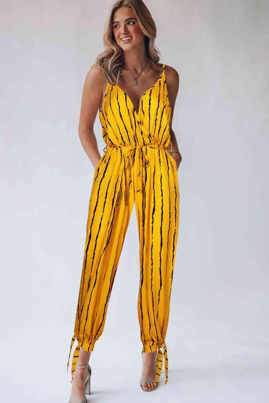 Striped Contrast Tie Ankle Spaghetti Strap Jumpsuit - TRENDMELO