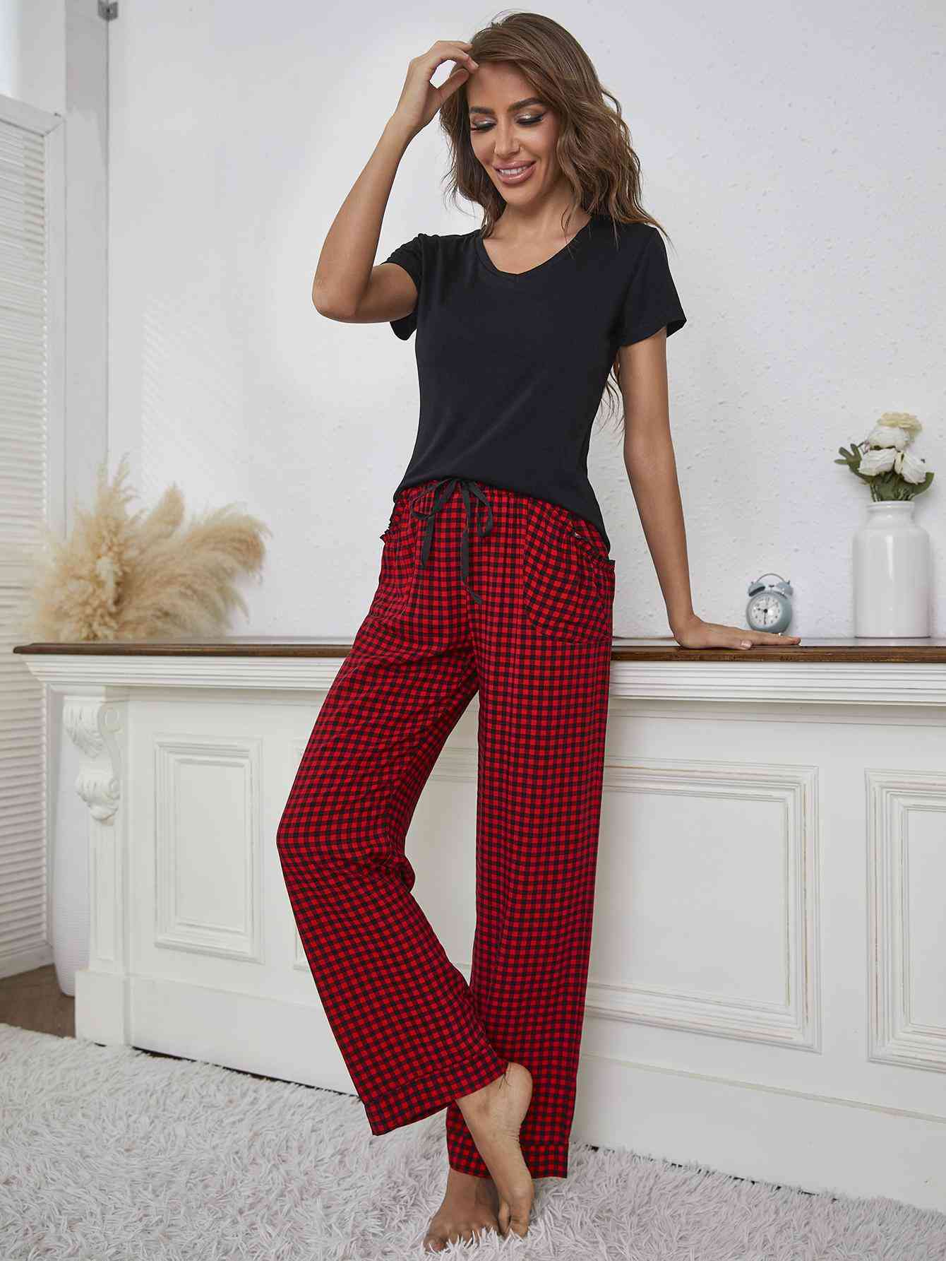 V-Neck Top and Gingham Pants Lounge Set - TRENDMELO