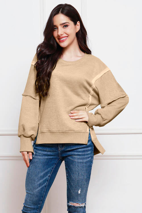 Exposed Seam High-Low Slit Sweatshirt - TRENDMELO