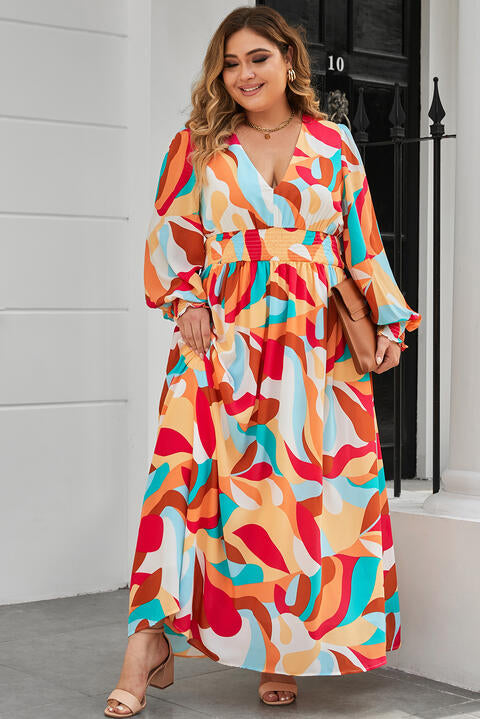 Plus Size Printed Lantern Sleeves V-Neck Dress - TRENDMELO