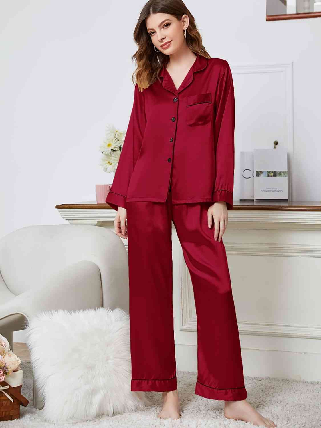 Lapel Collar Long Sleeve Top and Pants Pajama Set - TRENDMELO