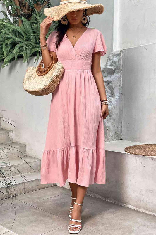 Surplice Neck Smocked Waist Flutter Sleeve Dress - TRENDMELO