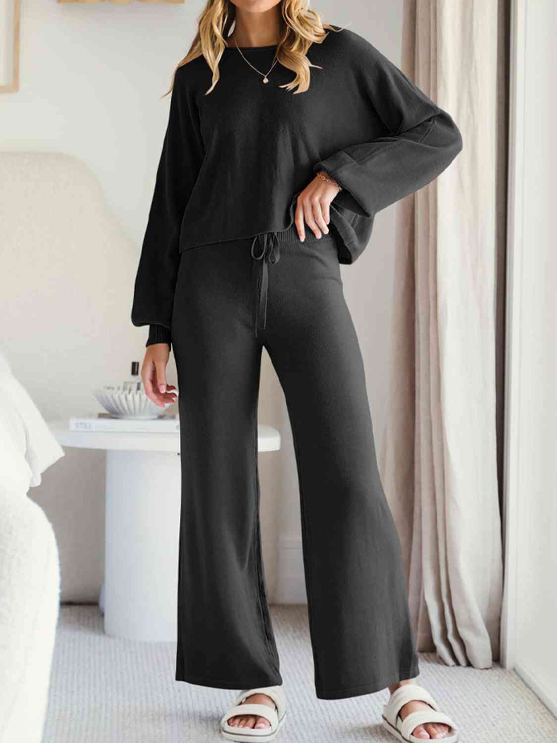 Long Sleeve Lounge Top and Drawstring Pants Set - TRENDMELO