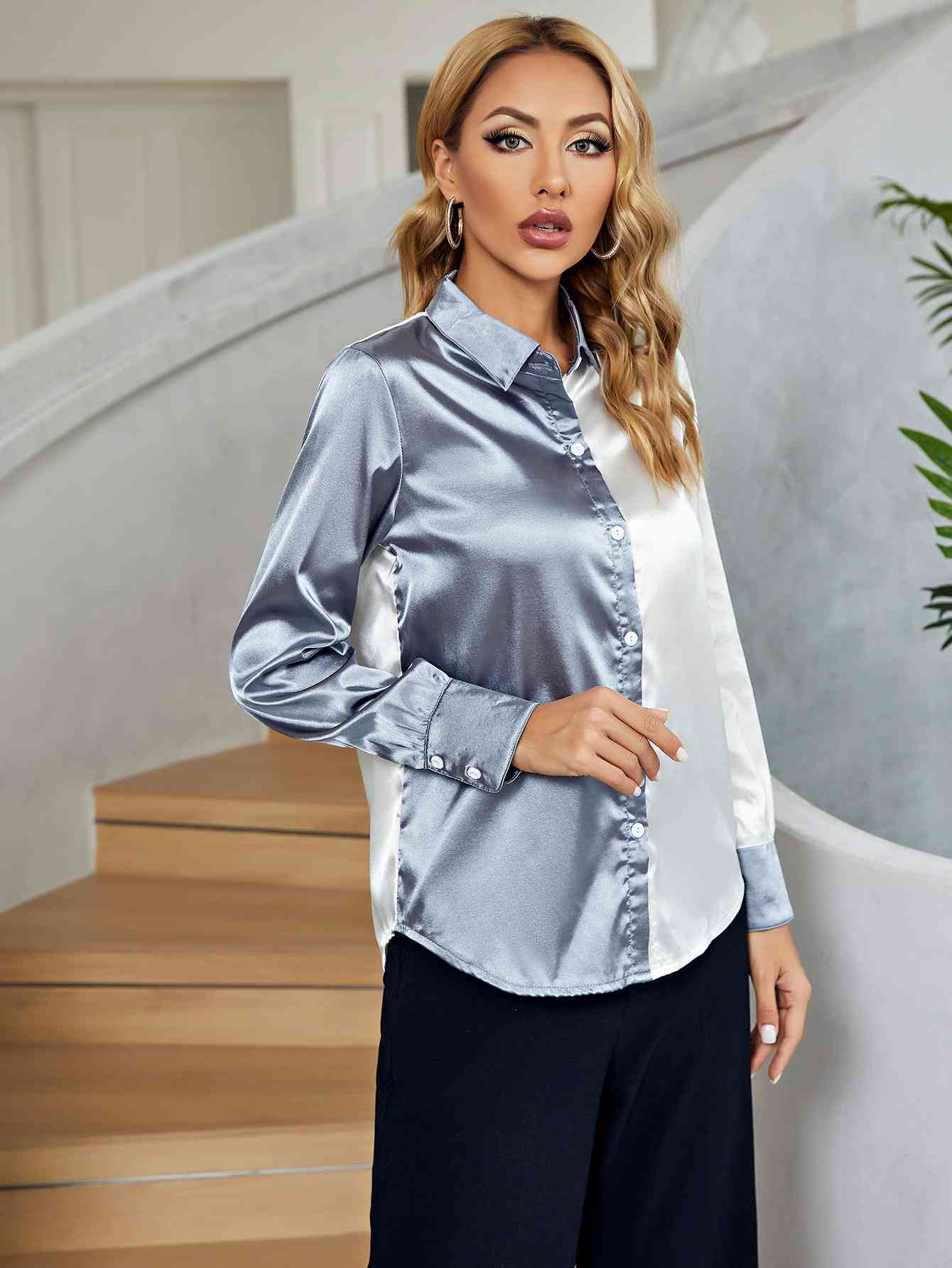 Two-Tone Long Sleeve Collared Shirt - TRENDMELO