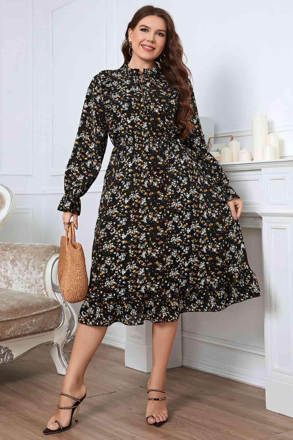 Melo Apparel Plus Size Floral Flounce Sleeve Midi Dress - TRENDMELO