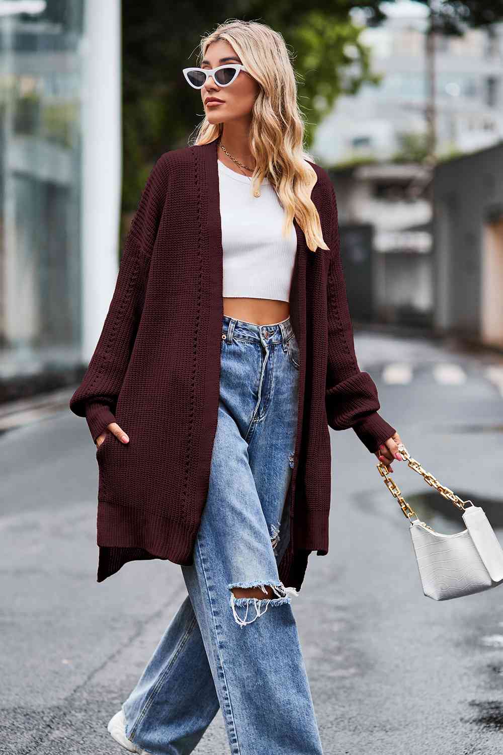 Open Front Dropped Shoulder Longline Cardigan - TRENDMELO