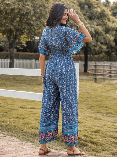 Floral Surplice Flutter Sleeve Jumpsuit - TRENDMELO