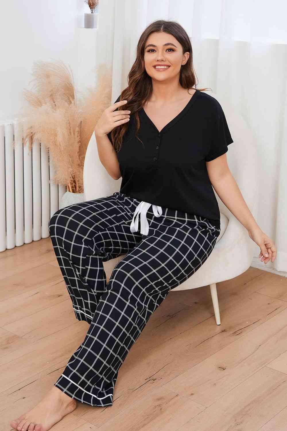 Plus Size V-Neck Top and Plaid Pants Lounge Set - TRENDMELO