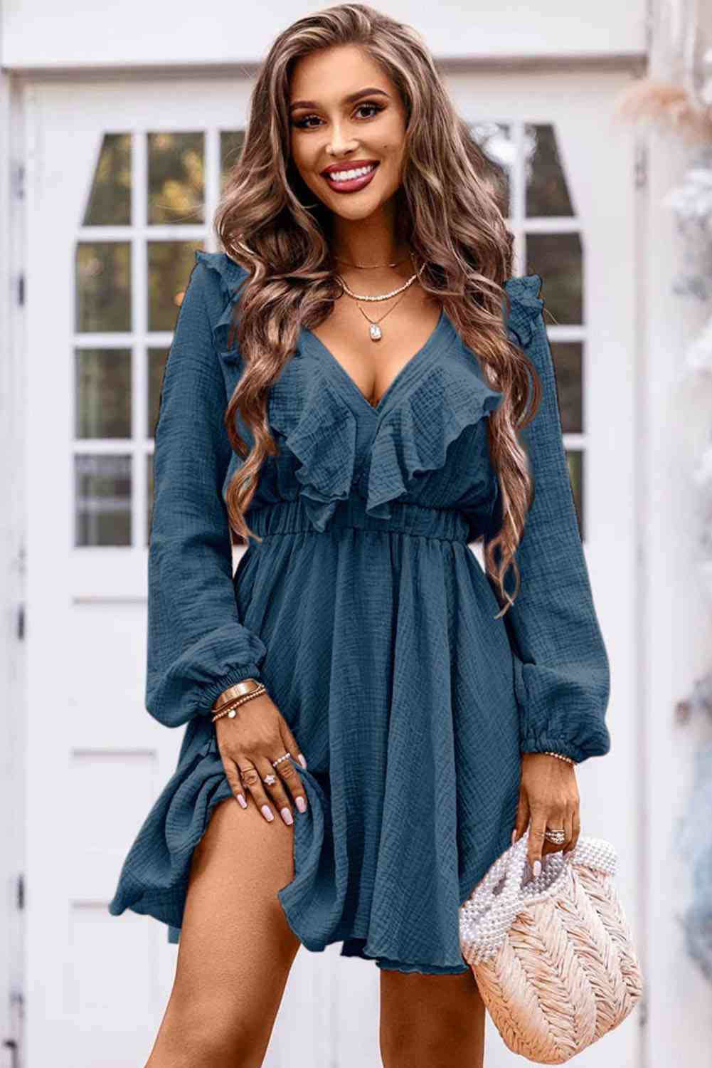 Ruffle Trim V-Neck Long Sleeve Mini Dress - TRENDMELO