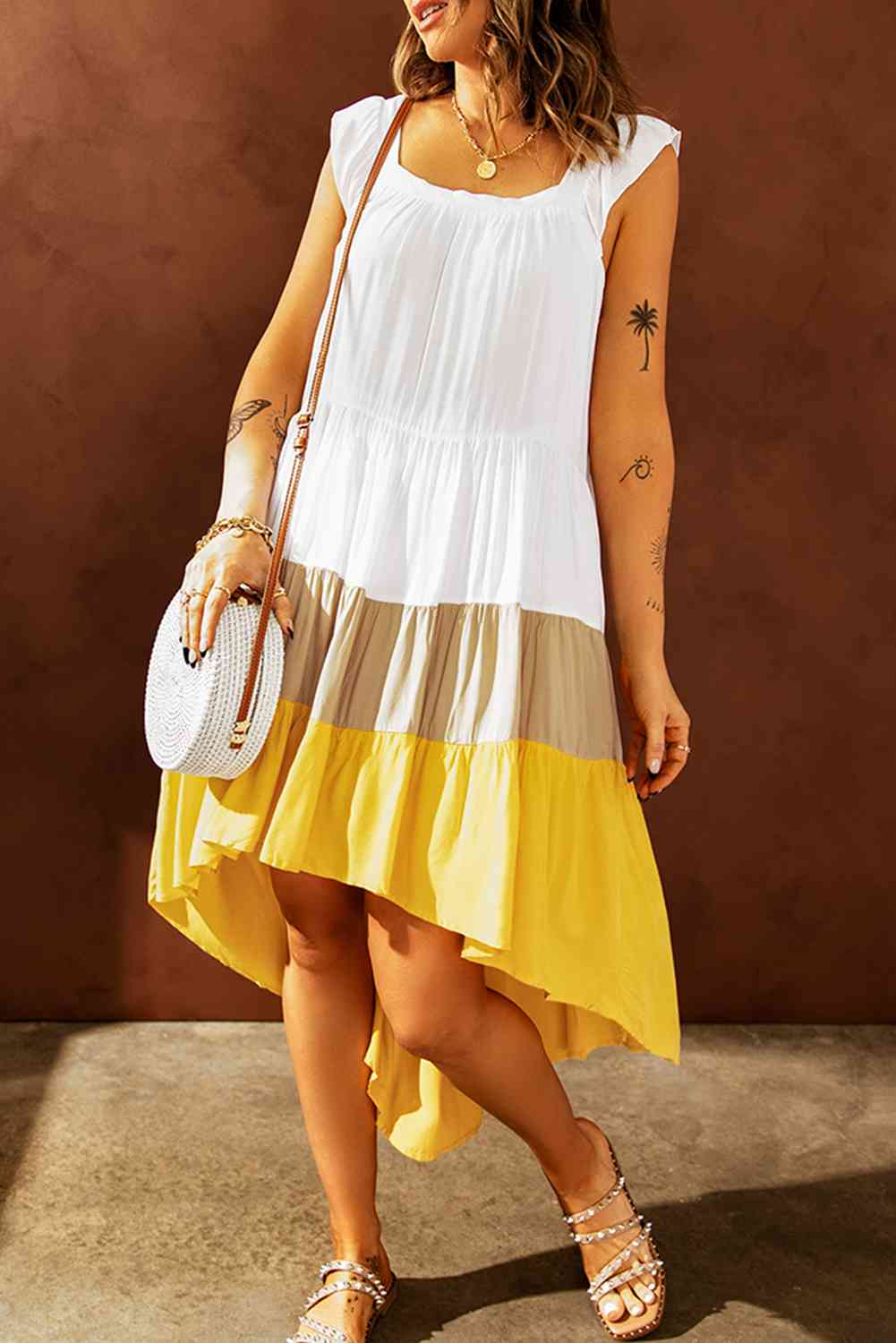 Color Block Ruffle Hem Tiered High-Low Dress - TRENDMELO