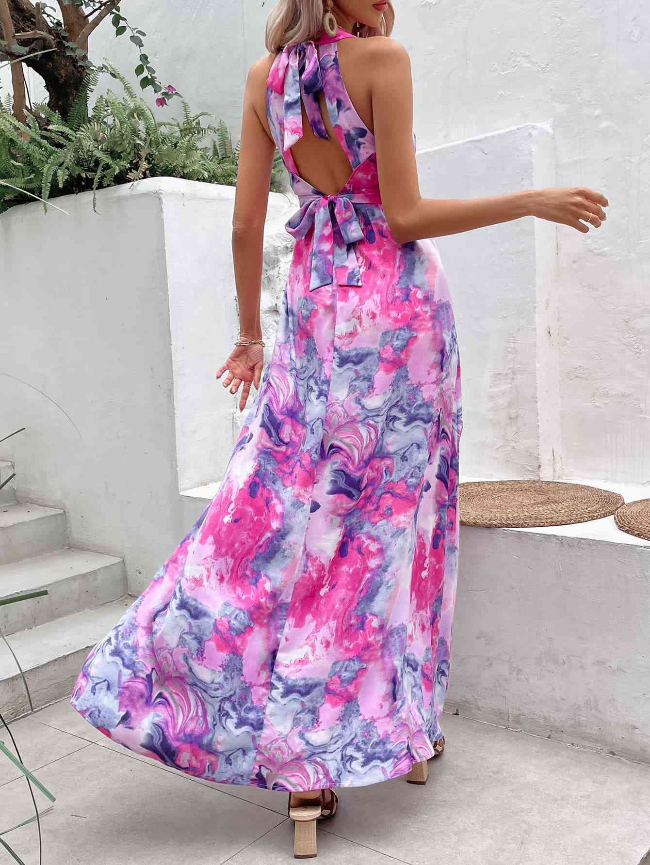 Printed Open Back Slit Sleeveless Dress - TRENDMELO