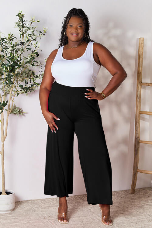 Double Take Full Size Smocked Wide Waistband Wide Leg Pants - TRENDMELO