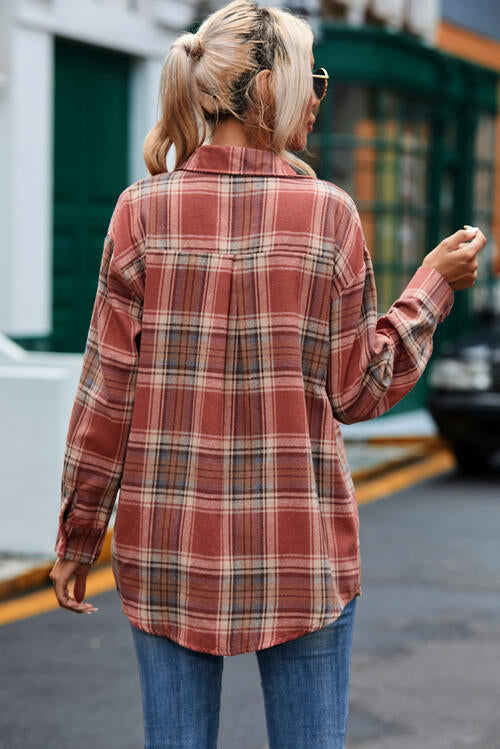 Plaid Collared Neck Long Sleeve Shirt - TRENDMELO