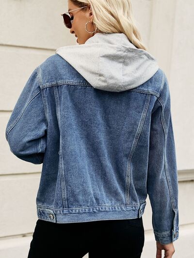 Drawstring Hooded Button Up Denim Jacket - TRENDMELO