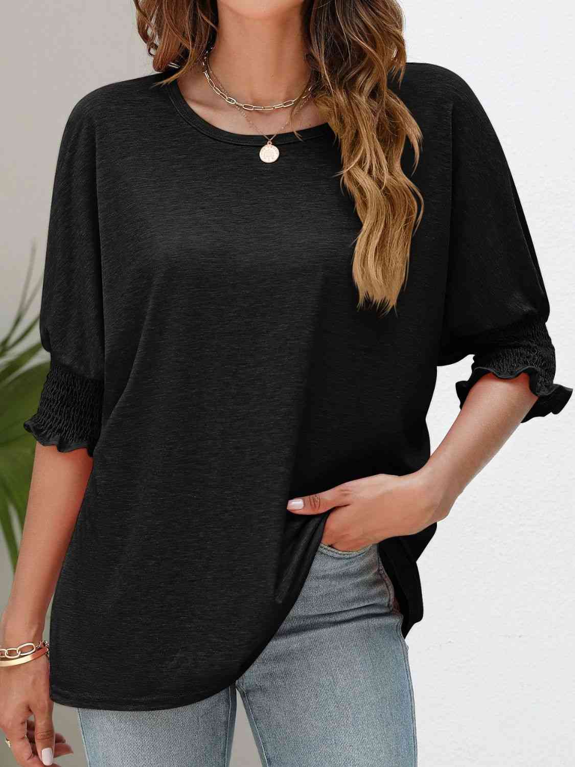 Smocked Flounce Sleeve Round Neck T-Shirt - TRENDMELO