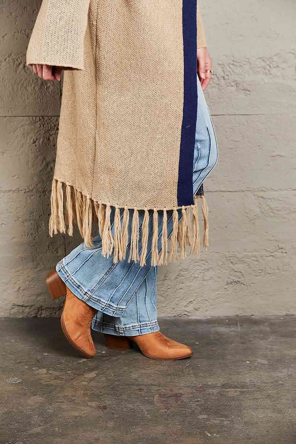 Double Take Geometric Fringe Hem Open Front Duster Cardigan - TRENDMELO