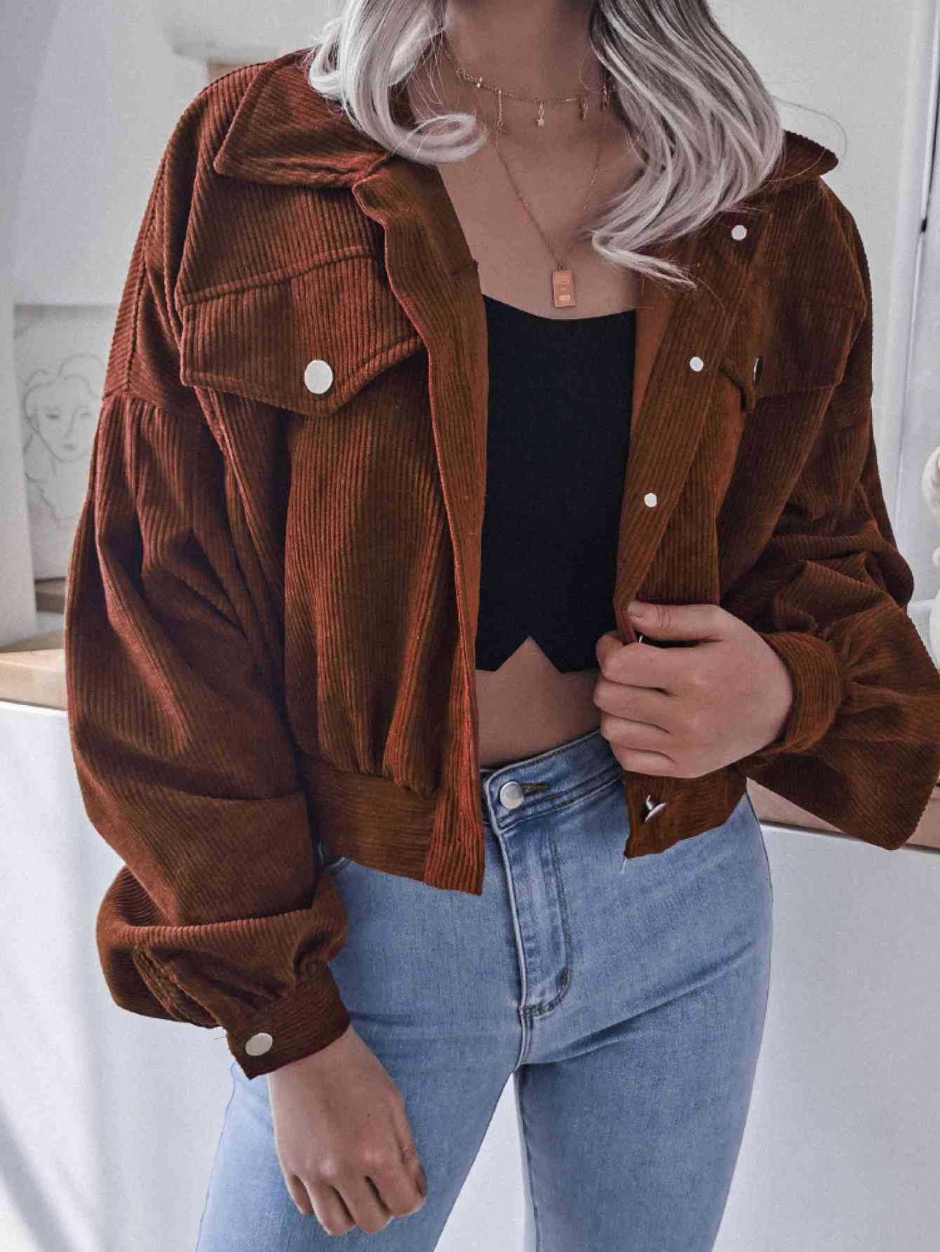 Lantern Sleeve Cropped Corduroy Jacket - TRENDMELO