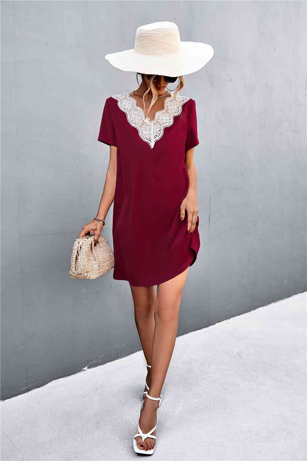 Spliced Lace Contrast Short Sleeve Dress - TRENDMELO