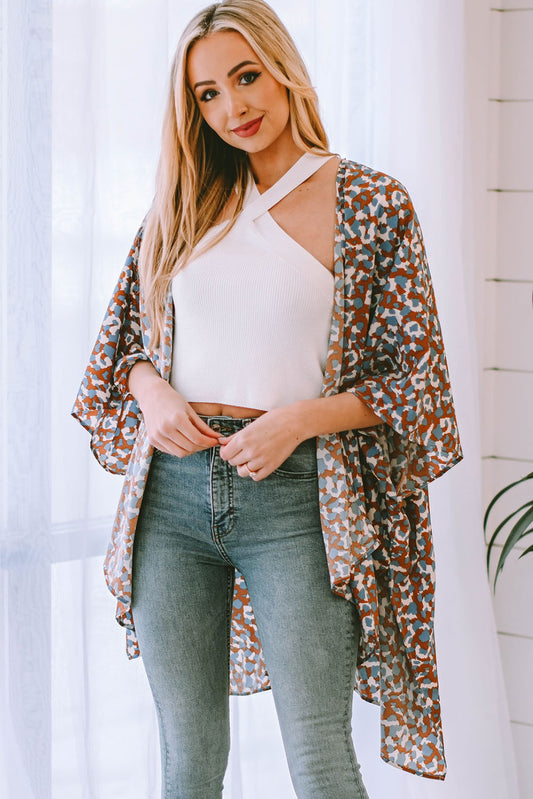 Printed Open Front Three-Quarter Sleeve Cover Up - TRENDMELO