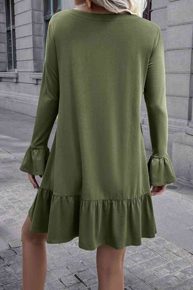 V-Neck Flounce Sleeve Ruffle Hem Mini Dress - TRENDMELO